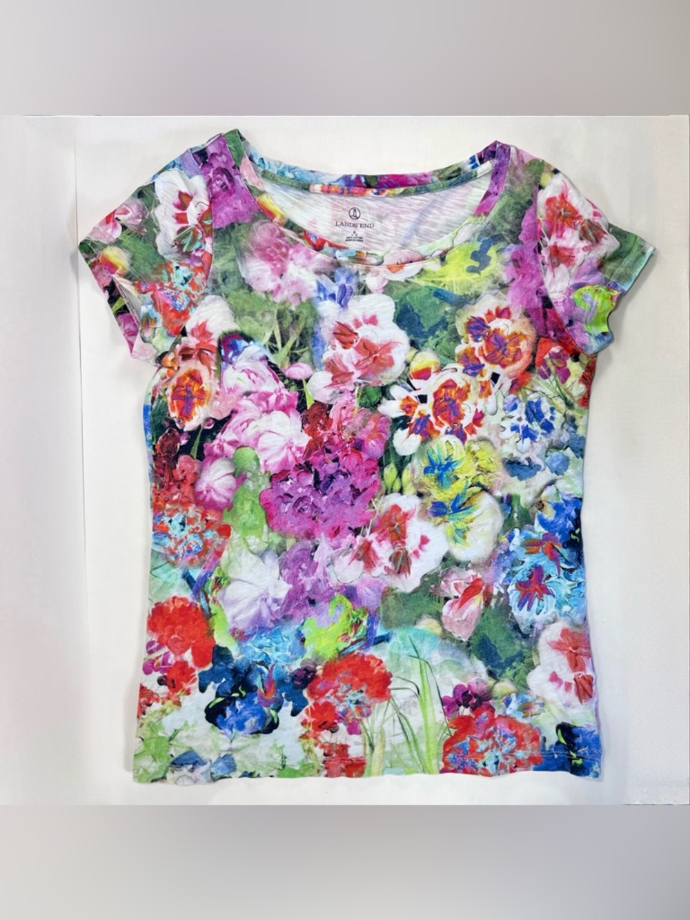 Lands End Artsy Floral T-Shirt Short Sleeve Size S All Over Print 100% Cotton